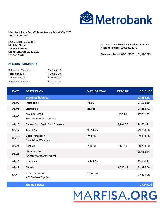 Downloadable Metrobank enterprise statement Word and PDF template